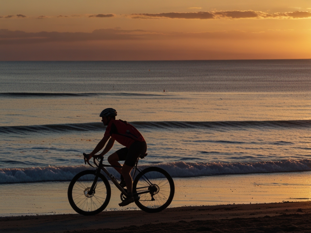 Cyklist ved solnedgang over hav